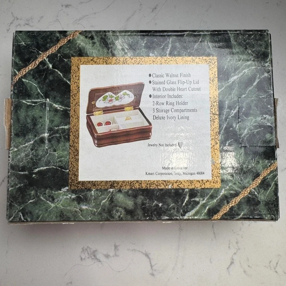 Vintage Kmart Walnut Finish Jewelry Box Stained Glass Double Heart Floral Lid